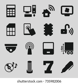 Digital icons set. set of 16 digital filled icons such as business center building, security camera, 7 number, cargo height, disc on fire, signal, opened security lock, pen