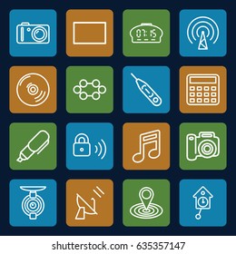 Digital icons set. set of 16 digital outline icons such as calculator, map location, thermometer, camera, burst, security lock, pen, signal, satellite, cd, spy camera