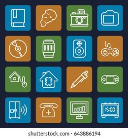 Digital icons set. set of 16 digital outline icons such as joystick, signal, pen, portable console, medical phone, cd, camera lense, camera display, smart home, smoke, speaker