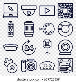 Digital icons set. set of 16 digital outline icons such as 24 hours, disc flame, laptop, soft box, camera lense, camera, play, hot dog, remote control, digital clock, qr code