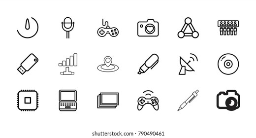 Digital icons. set of 18 editable outline digital icons: connection, photos, joystick, disc, laptop, cpu, heart with camera, microphone, spu, usb drive, stopwatch camera, pen