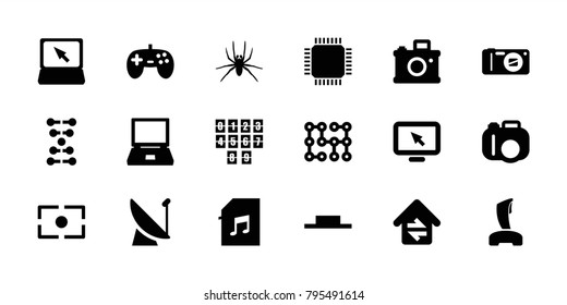 Digital icons. set of 18 editable filled digital icons: spider, laptop, camera, joystick, dna, display pointer, music pause, memory card with music, satellite, camera focus