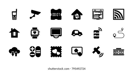 Digital icons. set of 18 editable filled digital icons: cpu in car, photo with heart, display, old phone, wi-fi, camera, home connection, home on tablet, security camera