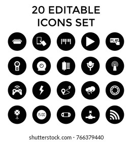 Digital icons. set of 20 editable filled digital icons such as finger on display, distance, signal, portable console, wi-fi, play, microphone, spu, network connection