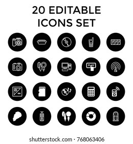Digital icons. set of 20 editable filled and outline digital icons such as finger pressing play button, pie chart, disc on fire, microphone, memory card, smoke, mp3 player