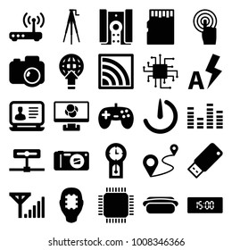 Digital icons. set of 25 editable filled digital icons such as laptop, joystick, cpu in head, cpu, distance, touchscreen, equalizer, globe download, camera, wi-fi