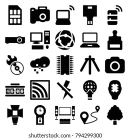 Digital icons. set of 25 editable filled digital icons such as stamp, camera, cpu in head, distance, disc flame, laptop, network connection, globe download, wi-fi, soft box