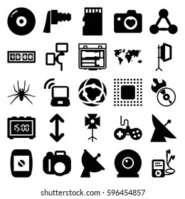 digital icons set. Set of 25 digital filled icons such as spider, satellite, joystick, heart with camera, disc flame, mp3 player, camera zoom, soft box, memory card, chip