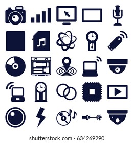 Digital Icons Set. Set Of 25 Digital Filled Icons Such As Security Camera, Map Location, Disc On Fire, Laptop, Stop, Microphone, Memory Card With Music, Camera Lense, Camera