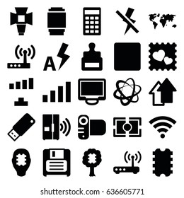 Digital icons set. set of 25 digital filled icons such as stamp, signal, photo with heart, display, diskette, stop, calculator, soft box, camera lens, usb drive