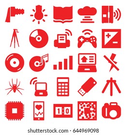 Digital icons set. set of 25 digital filled icons such as spider, book, heartbeat on phone, disc on fire, calculator, disc and music note, camera zoom, camera tripod