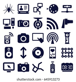 Digital icons set. set of 25 digital filled icons such as spider, finger on tablet, laptop, heartbeat on phone, disc on fire, camera, wi-fi, camera zoom, speaker, arrow