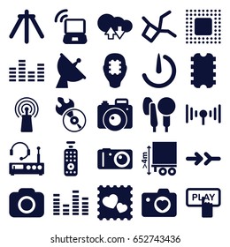 Digital icons set. set of 25 digital filled icons such as finger pressing play button, cargo height, photo with heart, heart with camera, satellite, disc flame, signal
