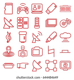 Digital icons set. set of 25 digital outline icons such as satellite, business center building, photos, pointing, laptop, map location, disc on fire, music pause, pause