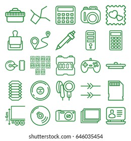 Digital icons set. set of 25 digital outline icons such as stamp, photos, calculator, laptop, cpu, pen, distance, cargo height, photo with heart, cd, microphone, disc, camera