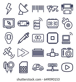 Digital icons set. set of 25 digital outline icons such as camera, business center building, credit card, pen, satellite, disc flame, laptop, fast forward, microphone, flash