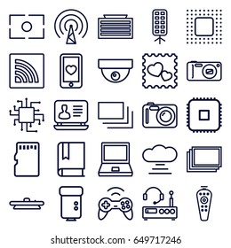 Digital icons set. set of 25 digital outline icons such as business center building, photos, laptop, heart mobile, photo with heart, remote control, wi-fi, camera