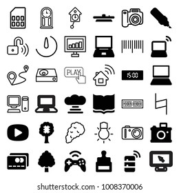 Digital icons. set of 36 editable filled and outline digital icons such as stamp, book, pen, laptop, camera, cpu in tree, cloud connection, camera lense, server, joystick