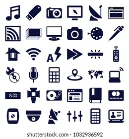 Digital icons. set of 36 editable filled digital icons such as photos, laptop, security camera, display, book, disc flame, equalizer, browser, flash drive, fast forward