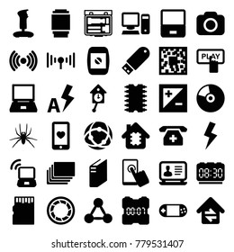 Digital icons. set of 36 editable filled digital icons such as spider, finger pressing play button, laptop, qr code, joystick, cpu in house, heart mobile, touchscreen