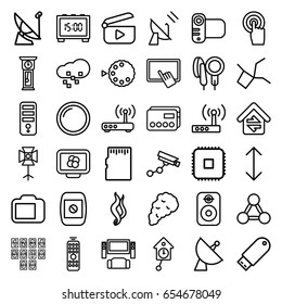 Digital icons set. set of 36 digital outline icons such as security camera, finger on tablet, cpu, satellite, camera, touchscreen, flash drive, microphone, soft box