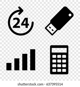 Digital icons set. set of 4 digital filled icons such as 24 hours, calculator, usb drive