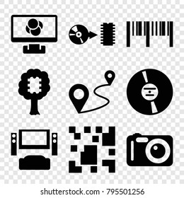 Digital icons. set of 9 editable filled digital icons such as tv system, cpu in tree, distance, cd, disc, camera, barcode, qr code