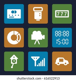 Digital icons set. set of 9 digital filled icons such as credit card, 7 number, camera flash, camera, mobile signal, digital time, pendulum, pie chart