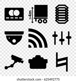 Digital Icons Set. Set Of 9 Digital Filled Icons Such As Credit Card, Security Camera, Security Camera, Cargo Height, Equalizer, Wi-fi, Pause, Camera Lense