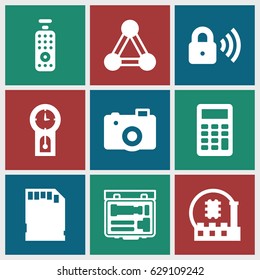 Digital icons set. set of 9 digital filled icons such as connection, camera, memory card, security lock, calculator, remote control, pendulum