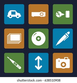 Digital icons set. set of 9 digital filled icons such as photos, camera, thermometer, disc, pen, arrow, router