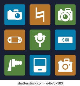 Digital icons set. set of 9 digital filled icons such as portable console, microphone, pause, camera, camera zoom, digital clock