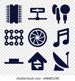 Digital icons set. set of 9 digital filled icons such as music pause, microphone, camera shutter, home connection, cpu, electric circuit, note, camera
