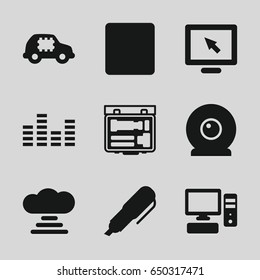 Digital icons set. set of 9 digital filled icons such as stop, pc, equalizer, camera, web camera, pen, cpu in car, cloud connection