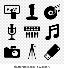 Digital icons set. set of 9 digital filled icons such as finger pressing play button, microphone, disc and music note, camera, camera tripod, usb drive, joystick, note