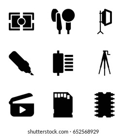 Digital icons set. set of 9 digital filled icons such as microphone, camera tripod, soft box, memory card, camera focus, cpu, play, pen