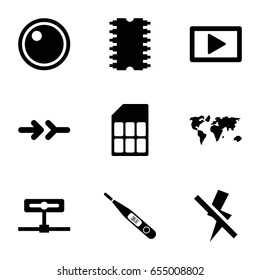 Digital icons set. set of 9 digital filled icons such as thermometer, camera lense, no flash, play, cpu, memory card, arrow, world map