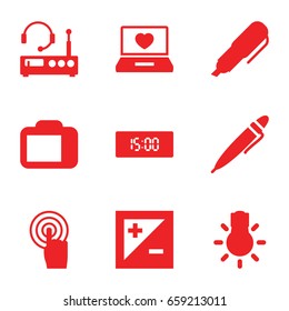 Digital icons set. set of 9 digital filled icons such as laptop with heart, touchscreen, pen, camera display, light exposure, camera bulb, digital clock