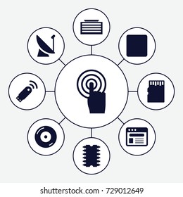 Digital icons set. set of 9 digital filled icons such as business center building, disc on fire, touchscreen, browser, stop, cpu, usb signal, memory card