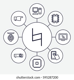 digital icons set. Set of 9 digital outline icons such as pointing, pause, pc, spy camera, router, CPU, display pointer