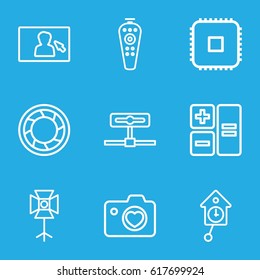 Digital icons set. set of 9 digital outline icons such as heart with camera, remote control, camera shutter, soft box, pendulum, calculator