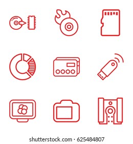Digital icons set. set of 9 digital outline icons such as disc flame, disc, memory card, camera display, camera, usb signal, credit card, atom on display