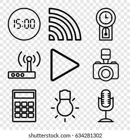 Digital icons set. set of 9 digital outline icons such as wi-fi, play, microphone, camera, camera bulb, router, pendulum, digital clock