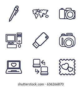 Digital icons set. set of 9 digital outline icons such as laptop with heart, photo with heart, camera, usb drive, laptop connection, pc, world map