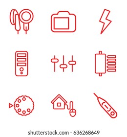 Digital icons set. set of 9 digital outline icons such as cpu, equalizer, thermometer, microphone, camera display, flash, camera mode, smart home