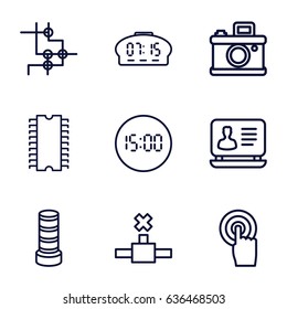 Digital icons set. set of 9 digital outline icons such as business center building, laptop, touchscreen, cpu, digital clock, camera, network connection
