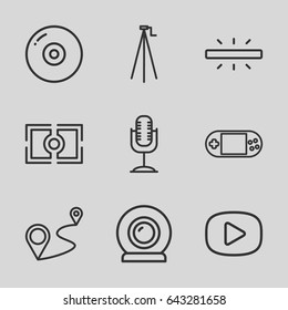 Digital icons set. set of 9 digital outline icons such as distance, portable console, microphone, camera tripod, camera focus, play