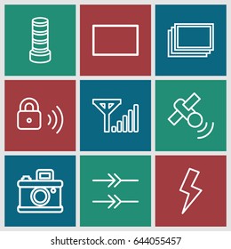 Digital icons set. set of 9 digital outline icons such as business center building, photos, burst, flash, security lock, satellite, mobile signal, arrow