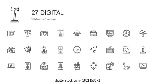 conjunto de iconos digitales. Colección digital con bitcoin, marcador de posición, cámara fotográfica, cámara, wifi, diseño, teclado, cursor, hora, grabadora de voz. Iconos digitales editables y escalables.