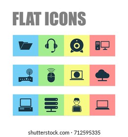 Digital Icons Set. Collection Of Broadcast, Dossier, Router And Other Elements. Also Includes Symbols Such As Earphone, Camera, Programmer.